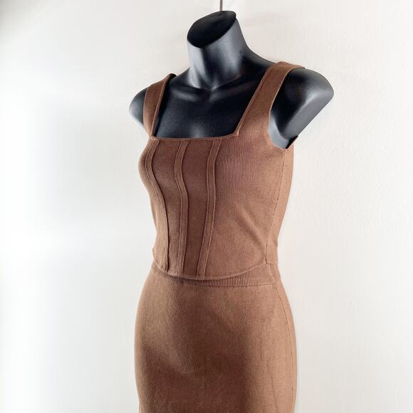 Miou Muse Knit Set Cropped Corset Top High Rise Midi Skirt Brown Small - Picture 5 of 8